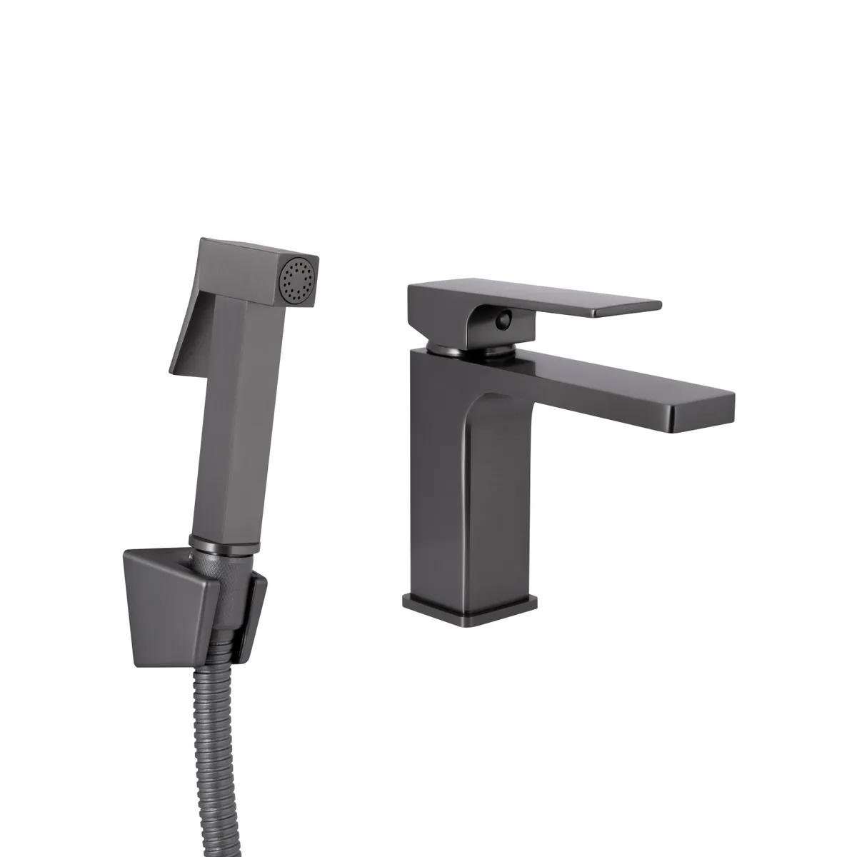 Змішувач для раковини Gemini, Gunmetal Black PVD (k35) з гігієнічним душем QTGEM272GMB45692 Qtap, фото 1