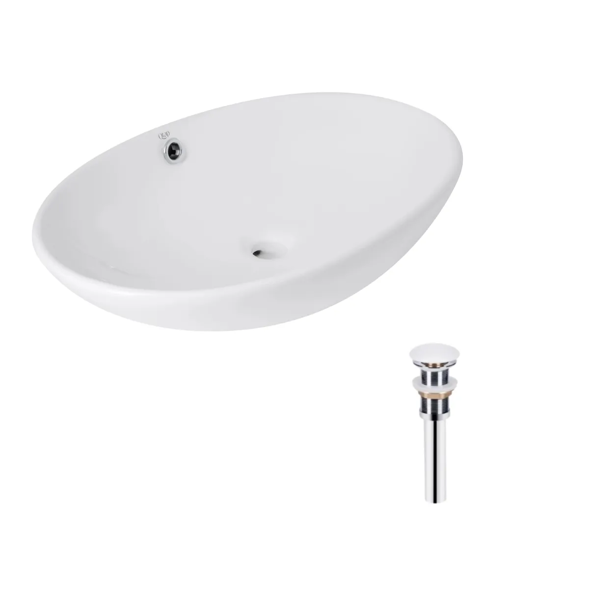 Комплект Qtap Dove: Раковина накладна овальна 635x420x150 мм White + Донний клапан PU02O, фото 1