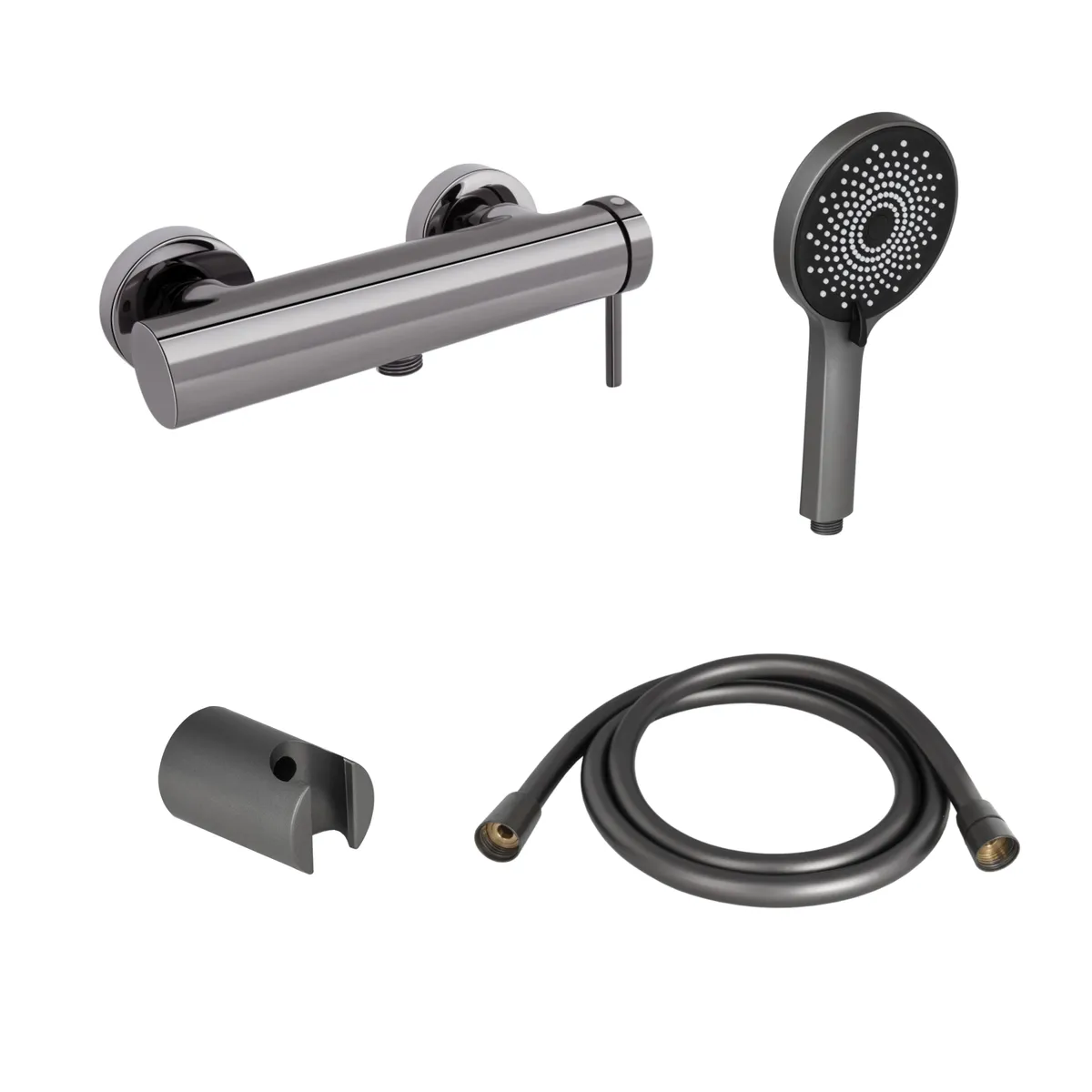 Комплект для душу Qtap Robin Black Chrome: Змішувач QTROB4060102K + Тримач QT829910842854GRP + Шланг QTHADPVC160G +Лійка QTRUCA120R3GRP, фото 1