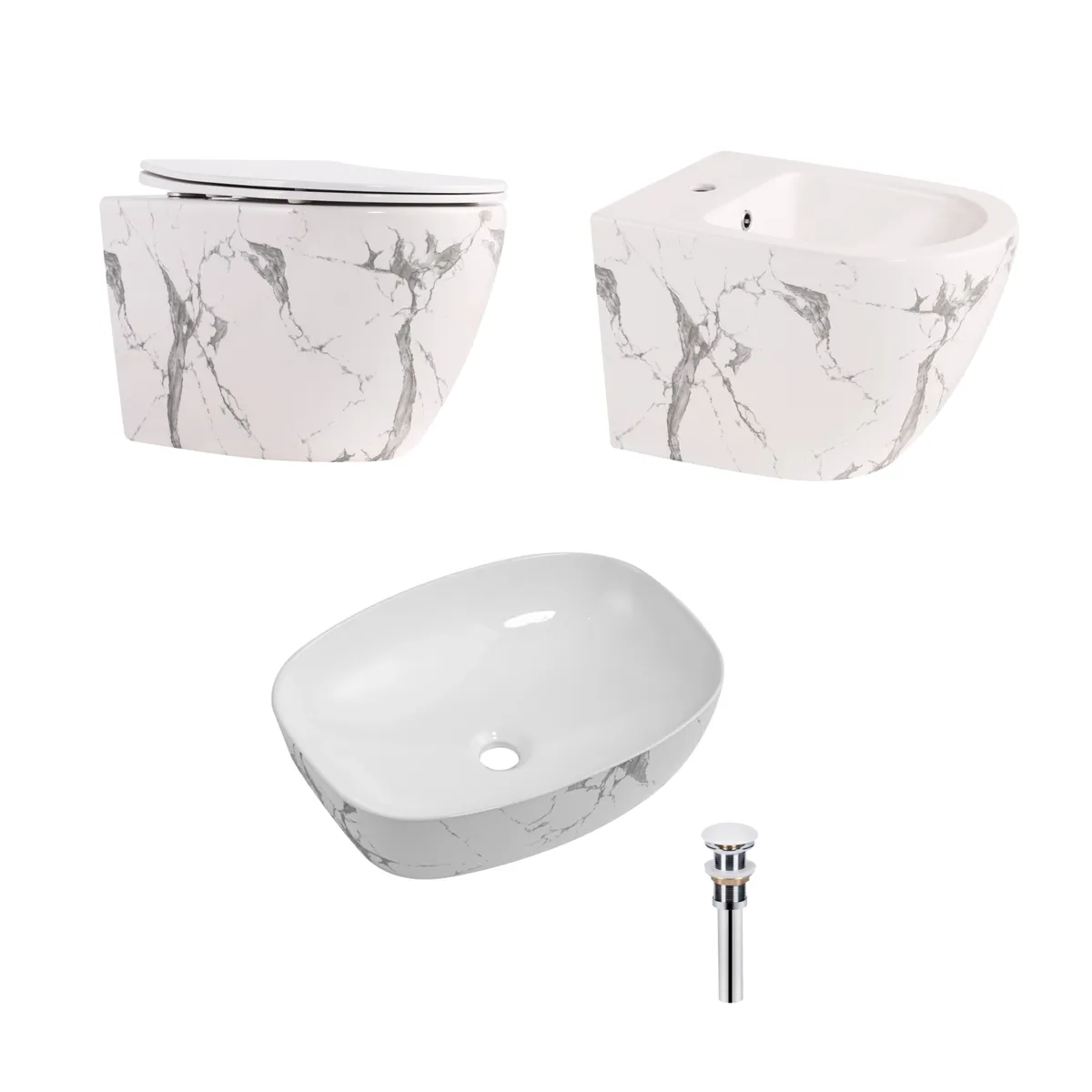 Комплект Qtap Robin Marble 3 в 1: підвісний унітаз Ultra Quiet + біде підвісне + раковина накладна QTROBMR49160, фото 1