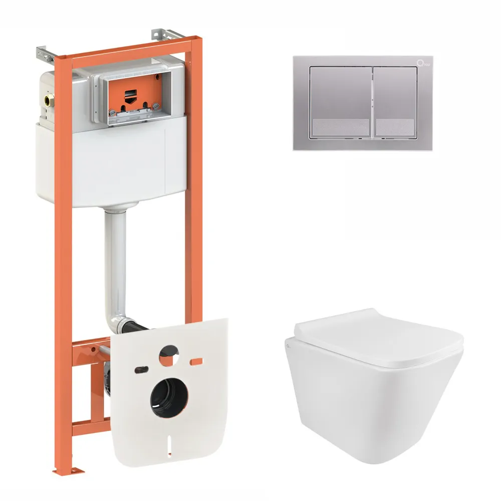 Готове рішення Qtap для ванної кімнати: підвісний унітаз Tern Rimless 490x340x350 + комплект інсталяції Nest 4 в 1 (квадратна клавіша Satin), фото 1
