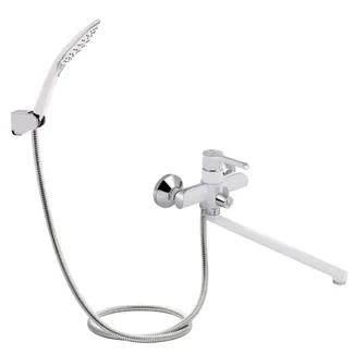 Змішувач для ванни Grand, Chrome/White (k35) з довгим поворотним виливом та душовим гарнітуром QTGRAWCR005 Qtap, фото 1