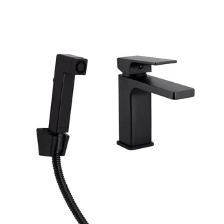 Змішувач для раковини Gemini, Matt Black (k35) з гігієнічним душем QTGEM272BLM45690 Qtap, фото 1