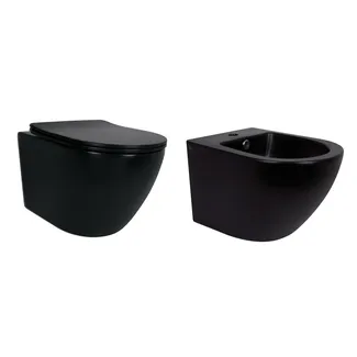 Комплект Qtap Robin Matt Black 2 в 1: унітаз підвісний  Ultra Quiet QT13332381АSMB + біде підвісне QT1355046FMB, фото 1
