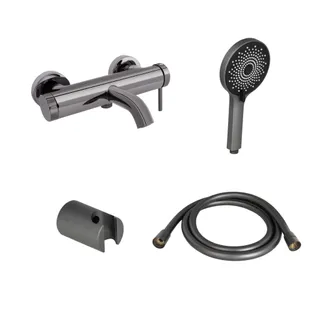 Комплект для ванної кімнати Qtap Robin Black/Chrome: Змішувач QTROB3060102K + Тримач QT829910842854GRP + Шланг QTHADPVC160G + Лійка QTRUCA120R3GRP, фото 1