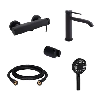 Комплект для душа Qtap Robin Black: Змішувачі QTROB4060102B+QTROB1060M102B+Тримач QT829910842854OB+Шланг QT054BL43074+Лійка QTRUC125BLM45776, фото 1