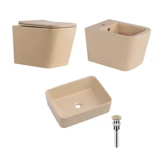 Комплект Qtap Tern Beige 3 в 1: підвісний унітаз Ultra Quiet + біде підвісне + раковина накладна QTTERSB49163, фото 1
