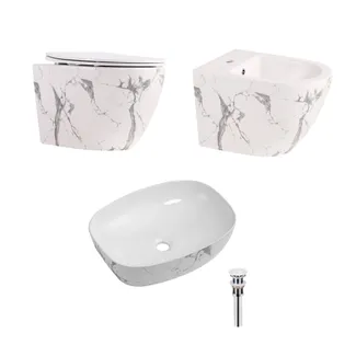 Комплект Qtap Robin Marble 3 в 1: підвісний унітаз Ultra Quiet + біде підвісне + раковина накладна QTROBMR49160, фото 1