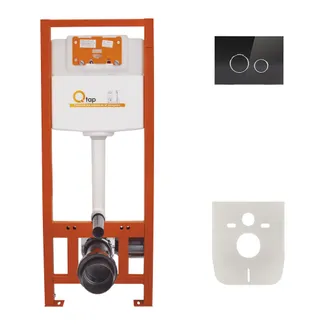 Комплект: Qtap Nest ST Інсталяція для унітазу 4 в 1 (Клавіша змиву 175х245х4 мм, Glass Black, кругла), фото 1