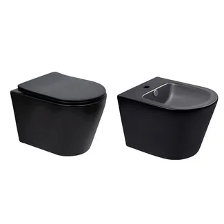 Комплект Qtap Scorpio Matt Black 2 в 1: унітаз підвісний Ultra Quiet QT14332380AMB + біде підвісне QT1455053FMB, фото 1
