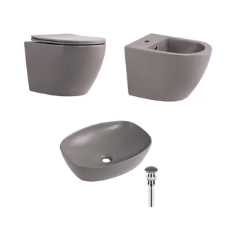 Комплект Qtap Robin Stone grey 3 в 1: підвісний унітаз Ultra Quiet + біде підвісне + раковина накладна QTROBSG49158 , фото 1