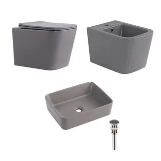 Комплект Qtap Tern Stone grey 3 в 1: підвісний унітаз Ultra Quiet + біде підвісне + раковина накладна QTTERSG49162, фото 1