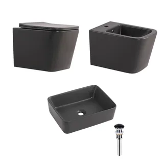 Комплект Qtap Tern Anthracite 3 в 1: підвісний унітаз Ultra Quiet + біде підвісне + раковина накладна QTROBAN49157, фото 1