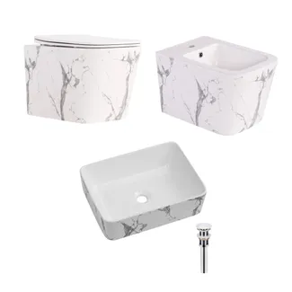 Комплект Qtap Tern Marble 3 в 1: підвісний унітаз Ultra Quiet + біде підвісне + раковина накладна QTTERMR49164, фото 1