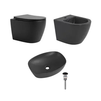 Комплект Qtap Robin Anthracite 3 в 1: підвісний унітаз Ultra Quiet + біде підвісне + раковина накладна QTROBAN49157, фото 1