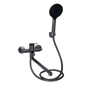 Змішувач для ванни Vlasta New, Gunmetal Black PVD (k35) з довгим поворотним виливом та душовим гарнітуром QTVLA260GMB45645 Qtap, фото 1